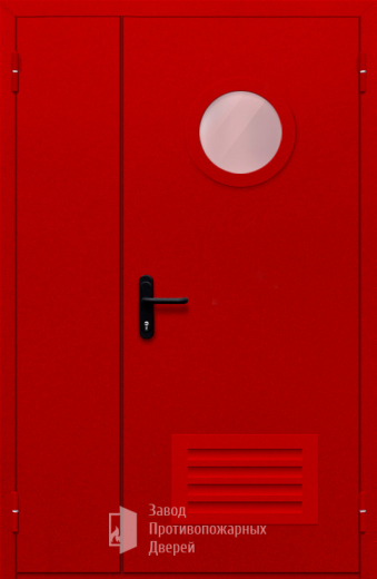 Фото двери «Полуторная с круглым стеклом и решеткой (красная)» в Саратову