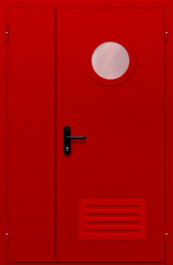 Фото двери «Полуторная с круглым стеклом и решеткой (красная)» в Саратову